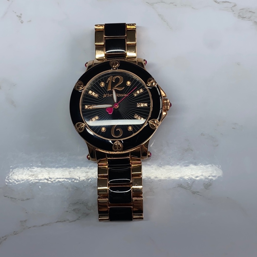 Betsey Johnson rose gold and black enamel watch